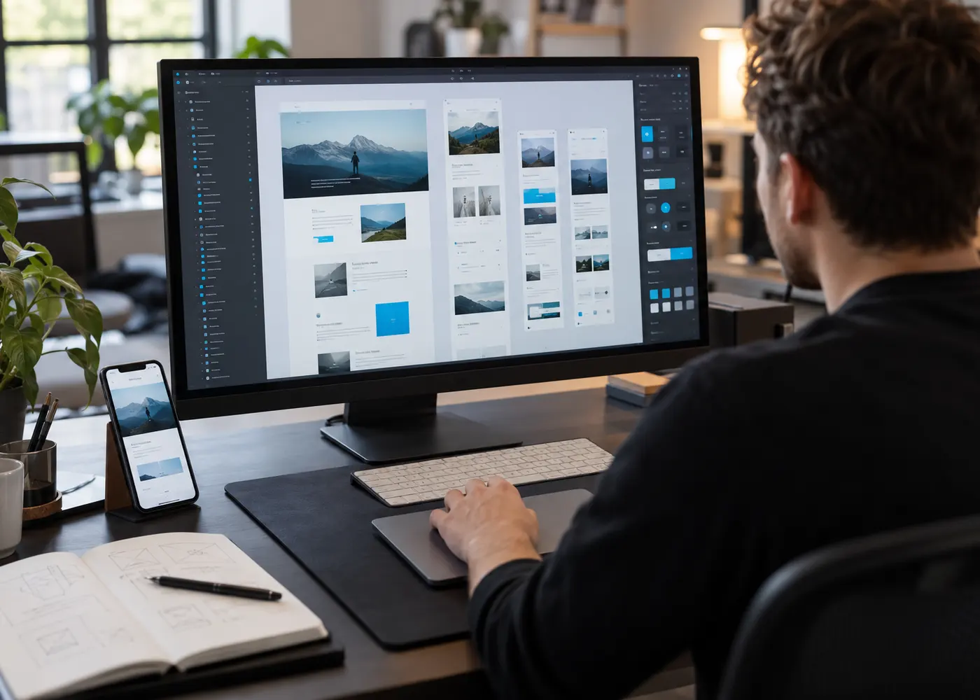 A designer refining responsive website screens and interface components