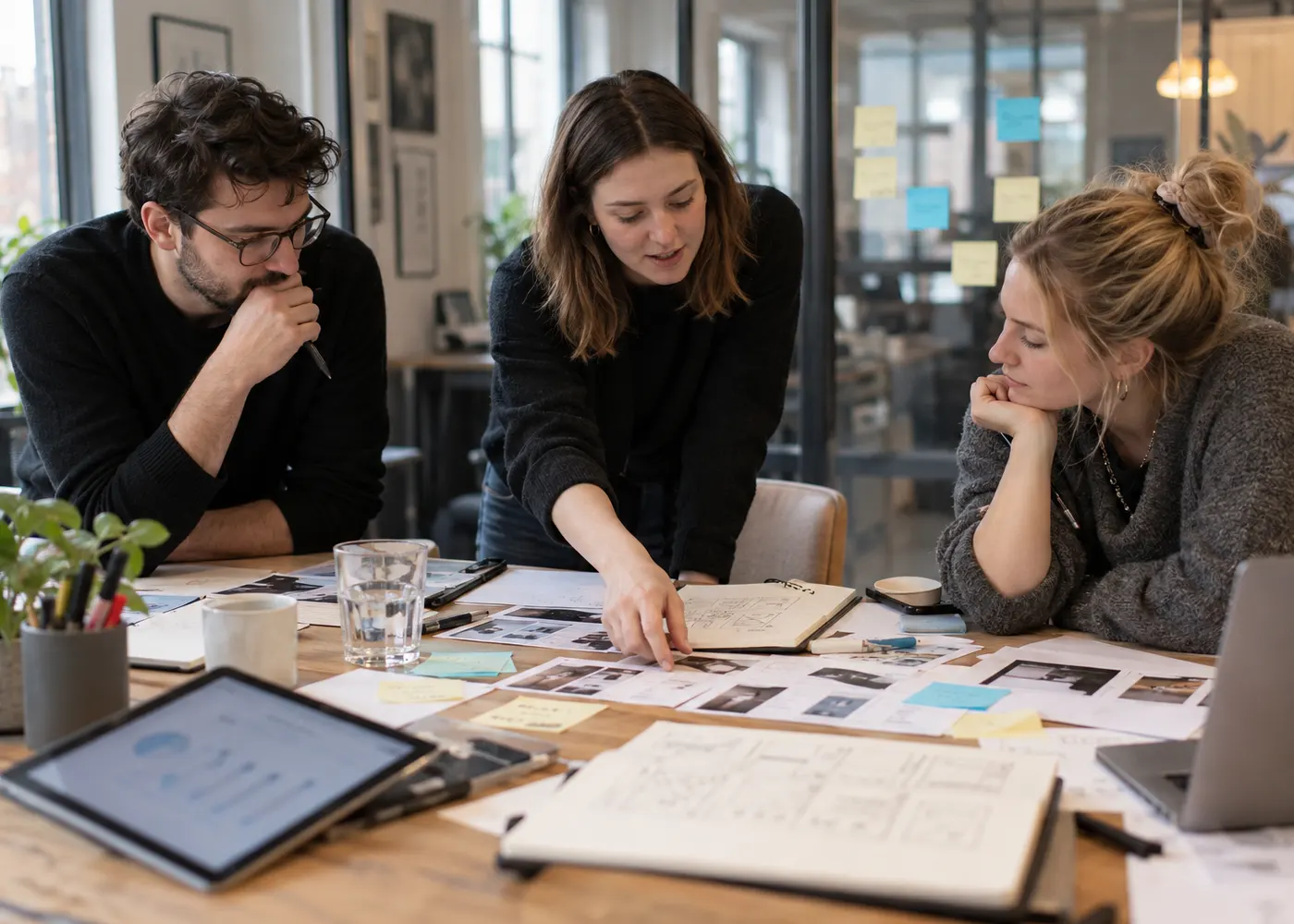 A digital product team reviewing research and user journeys in a discovery workshop